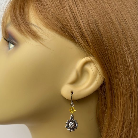 Silver Sunflower Earrings with Swarovski Topaz Crystals Handmade in USA - Picture 3 of 5